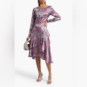 NWT Marchesa Notte Asymmetric Floral Printed Satin Midi Dress in Orchid size 0